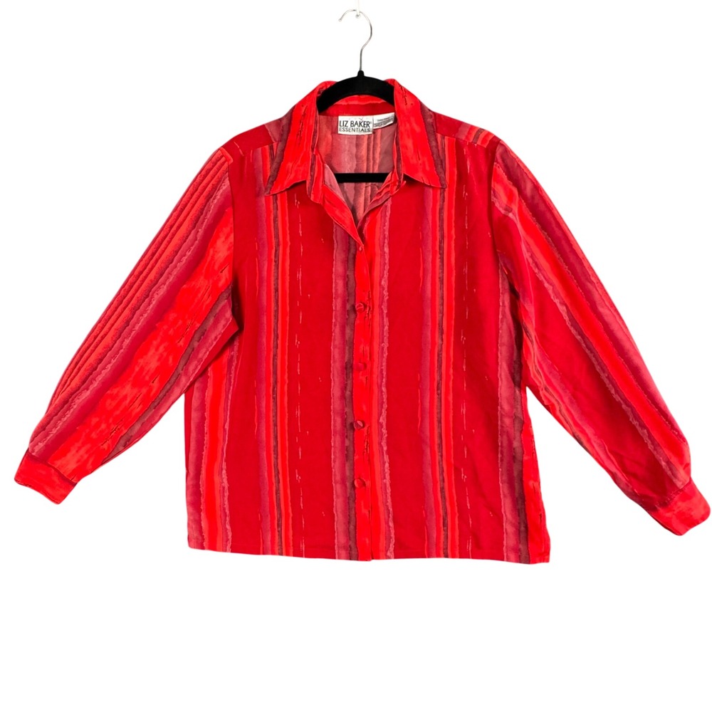 Vintage Liz Baker Red Striped Button Up Blouse Women's S Romantic Retro Workwear